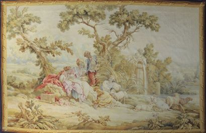 TAPISSERIE Tapisserie en laine à décor d'une scène pastorale, bordure représentant...