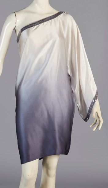 VANITA ROSA robe asymétrique en satin de soie imprimée dégradé gris, encolure rebrodée...