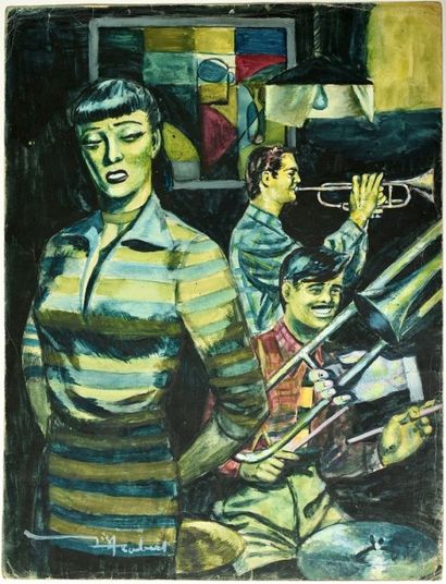 GIGI, ROBERT (1926-2007) Jazz - Grand dessin original en couleurs directes: "Chanteuse"...