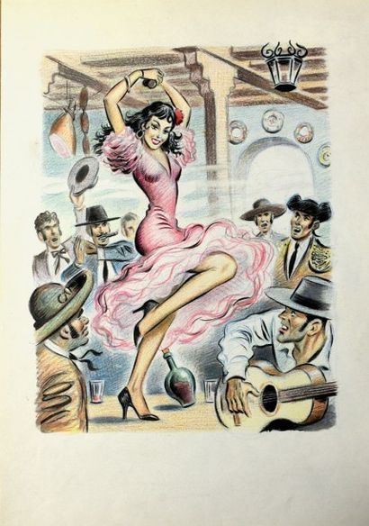 ILLUSTRATEUR NON-IDENTIFIÉ Joli dessin original d'une danseuse de flamenco - circa...