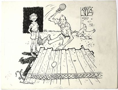 TRUBERT, JEAN (DIT JEN TRUBERT) (1909-1983) Dessin original " Ping-pong à l'œuf"...