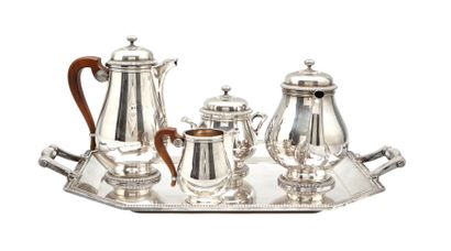 CHRISTOFLE GALLIA Service à thé café et son plateau en métal argenté à décor de godrons...