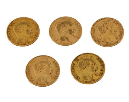 5 PIECES 20 FR OR 5 pièces de 20 francs or Napoléon III tête nue, tête laurée
Poids...