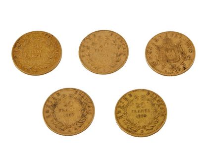5 PIECES 20 FR OR 5 pièces de 20 francs or Napoléon III tête nue, tête laurée
Poids...