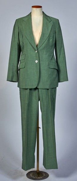 GUCCI TAILLEUR PANTALON en laine et mohair tissé vert, boutons de rechange (T 40it...