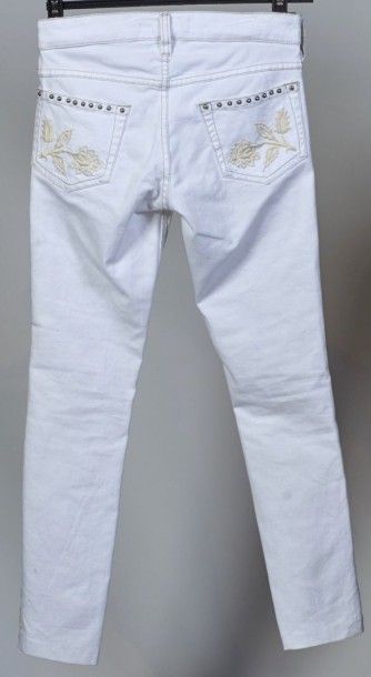 ISABEL MARANT, JOHANNA JEAN en coton stretch blanc rebrodée guipûre écru (T 34) (excellent...