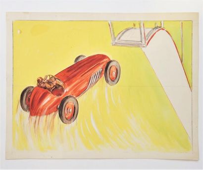ILLUSTRATEUR NON-IDENTIFIÉ "Course automobile" - grande illustration originale couleur...