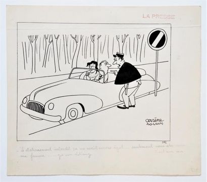 ROISIN, ARSÈNE (1921-1952) Dessin original n°392 "stationnement avec ma femme" paru...
