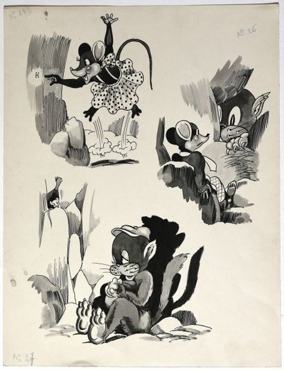 GIRE, EUGÈNE (GIROUD, EUGÈNE) (1906-1979) Planche originale avec trois dessins de...