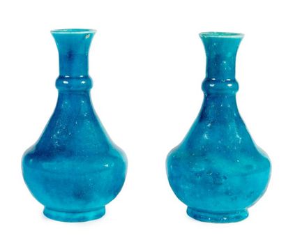 Lachenal Paire de vases pansus en céramique émaillée couleur turquoise nuancée, cols...