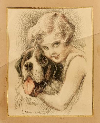 LOT Deux dessins : Nu féminin couché, fillette et son chien on joint une pièce encadré...