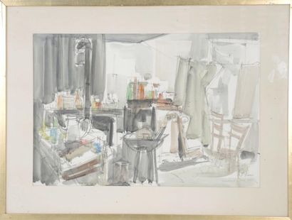 FRANÇOISE GRASSIN-TAFFIN (1927) 'Vue d'atelier'' Aquarelle et crayon sur papier Signé,...