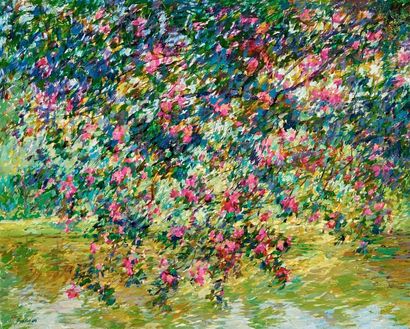 BOONCHAÏ 'Paysage à l'arbre fleuri'' Huile ou acrylique sur papier toilé, signée...