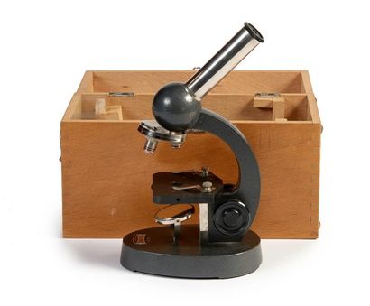 INSTRUMENT SCIENTIFIQUE Microscope ENURO dans son coffret de bois naturel avec lampe...