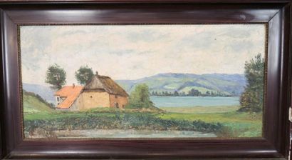 PAUL-MARCELLIN BERTHIER (1822-1912) 'Lac de Paladru et toit de chaume'' Huile sur...