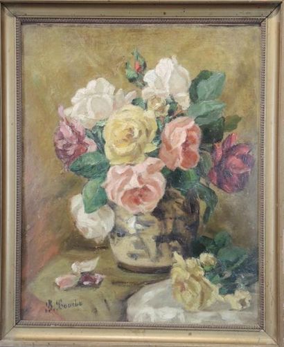 B. BOUCHÉ (XXe) 'Nature morte au bouquet de roses'' Huile sur carton, signée en bas...