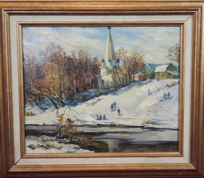 ÉCOLE RUSSE Paysage au clocher et bord de rivière et skieurs'' Huile sur toile, trace...