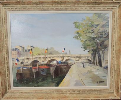 Roland HAMON (1909-1987) 'Vue du Pont-Neuf à Paris, péniches à quai, par beau temps''...