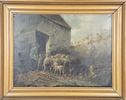 ANONYME - VERS 1900 'L'entrée dans la bergerie'' Huile sur toile non signée Dimensions...
