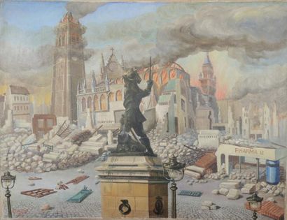 GUSTAVE ARCELON (XXe) 'L'église et le beffroi de Dunkerque en flammes après les bombardements...