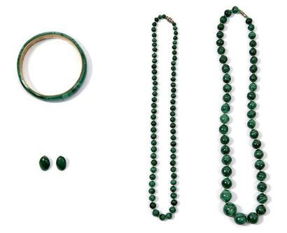 PARURE EN MALACHITE Parure en malachite composée de deux colliers de perles dont...