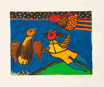 CORNEILLE Guillaume (1922-2010) "Deux pigeons fond jaune", "Trois oiseaux fond bleu",...
