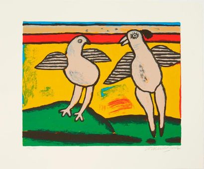 CORNEILLE Guillaume (1922-2010) "Deux pigeons fond jaune", "Trois oiseaux fond bleu",...