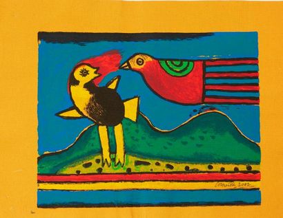 CORNEILLE Guillaume (1922-2010) "Deux pigeons fond jaune", "Oiseau en vol fond bleu",...