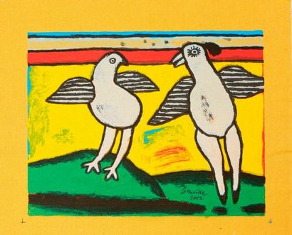 CORNEILLE Guillaume (1922-2010) "Deux pigeons fond jaune", "Trois oiseaux fond bleu",...