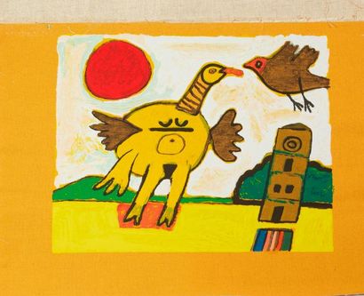 CORNEILLE Guillaume (1922-2010) "Pigeon oiseau fond blanc soleil rouge", "Oiseau...