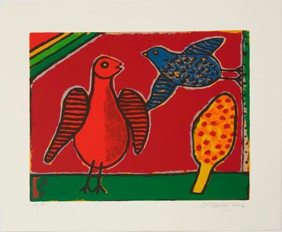 CORNEILLE Guillaume (1922-2010) "Poule oiseau arbre fond rouge", "Poule pigeon soleil...