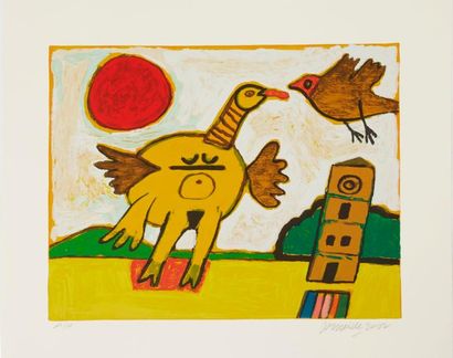 CORNEILLE Guillaume (1922-2010) "Poule oiseau arbre fond rouge", "Poule pigeon soleil...