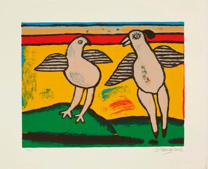 CORNEILLE Guillaume (1922-2010) "Poule oiseau fond jaune", "Deux pigeons fond jaune",...