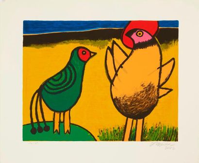 CORNEILLE Guillaume (1922-2010) "Poule oiseau fond jaune", "Deux pigeons fond jaune",...