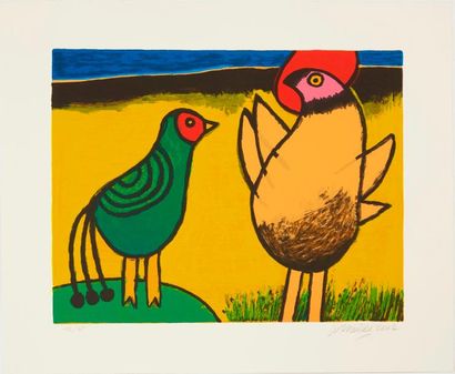 CORNEILLE Guillaume (1922-2010) "Poule oiseau fond jaune", "Trois oiseaux paysage...