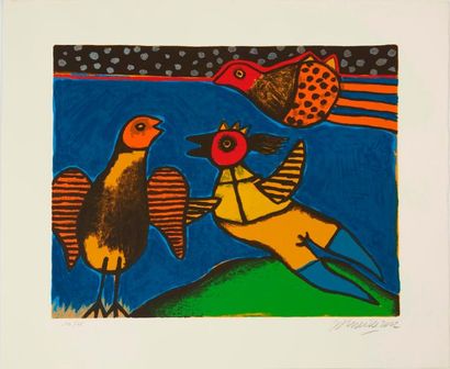 CORNEILLE Guillaume (1922-2010) "Poule oiseau fond jaune", "Trois oiseaux paysage...