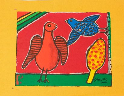 CORNEILLE Guillaume (1922-2010) "Poule oiseau fond jaune", "Poule oiseau fond rouge",...