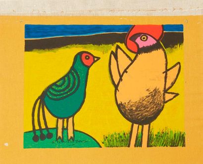 CORNEILLE Guillaume (1922-2010) "Poule oiseau fond jaune", "Poule oiseau fond rouge",...