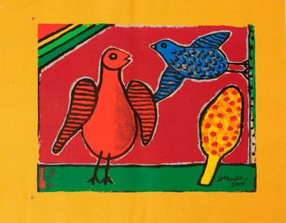 CORNEILLE Guillaume (1922-2010) "Poule oiseau fond rouge", "Oiseau pigeon en vol...
