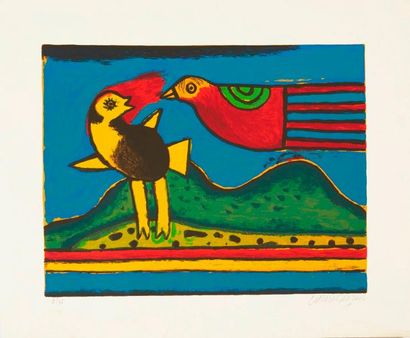 CORNEILLE Guillaume (1922-2010) "Poule oiseau soleil rouge", "Oiseau pigeon en vol...
