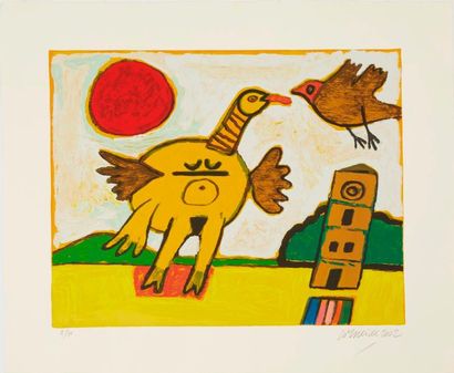 CORNEILLE Guillaume (1922-2010) "Poule oiseau soleil rouge", "Oiseau pigeon en vol...