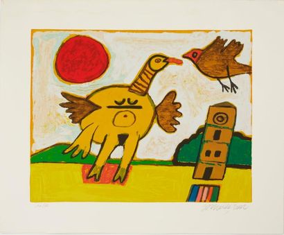CORNEILLE Guillaume (1922-2010) "Poule pigeon soleil rouge", "Oiseau pigeon en vol...