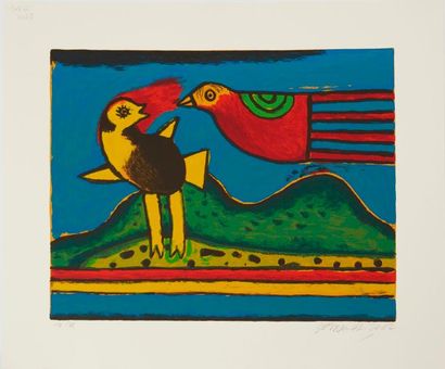 CORNEILLE Guillaume (1922-2010) "Poule pigeon soleil rouge", "Oiseau pigeon en vol...