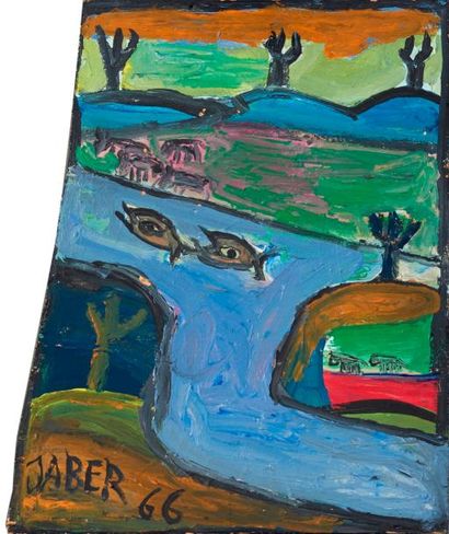 JABER (né en 1938) ''Paysage aux 2 poissons'' 

Huile sur panneau de bois, signée...