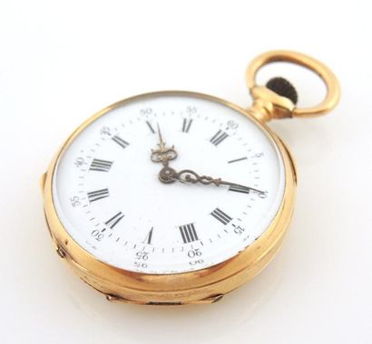 MONTRE DE POCHE OR Montre de poche en or jaune 18K (750°/00), cadran émail blanc...