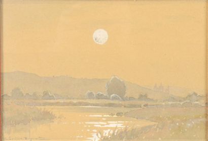 Casimir RAYMOND (1870-1955) ''Camargue, lever de lune'' Dessin à l'aquarelle et rehauts...