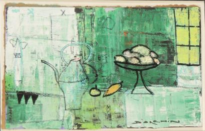 DORCHIN (?) ''Nature morte à la cafetière'' Huile sur carton. Dimensions 19 x 30...