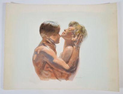 TEBAR, Oscar TEBAR, Oscar Grande aquarelle originale d'un ''couple nu s'enlaçant''...