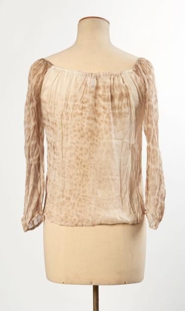 ROBERTO CAVALLI, PLEIN SUD BLOUSE en soie froissée tachetée beige et chocolat, encolure...