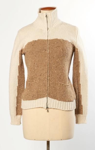 PRADA ligne sport GILET zippé en épais tricot de laine chinée beige et caramel, deux...